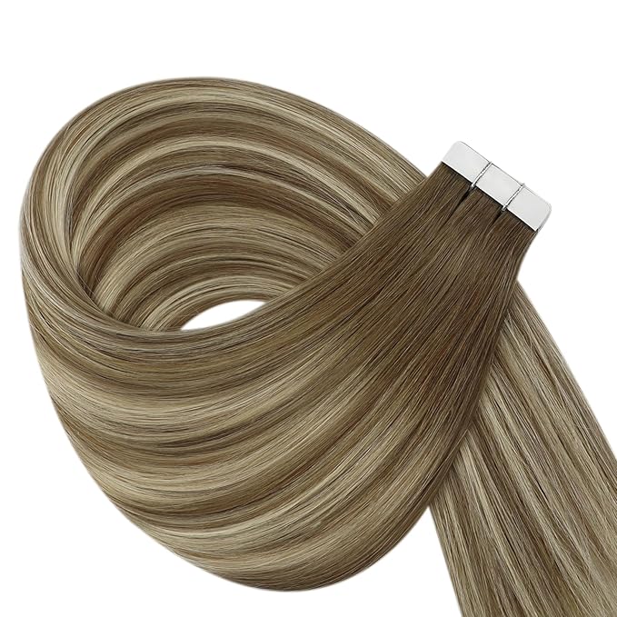 YoungSee Tape in Hair Extensions Real Human Hair Balayage Tape in Extensions Light Brown Ombre Blonde Human Hair Tape-in Extension Invisible Tape-on Hair Extension 16In for Women 50g