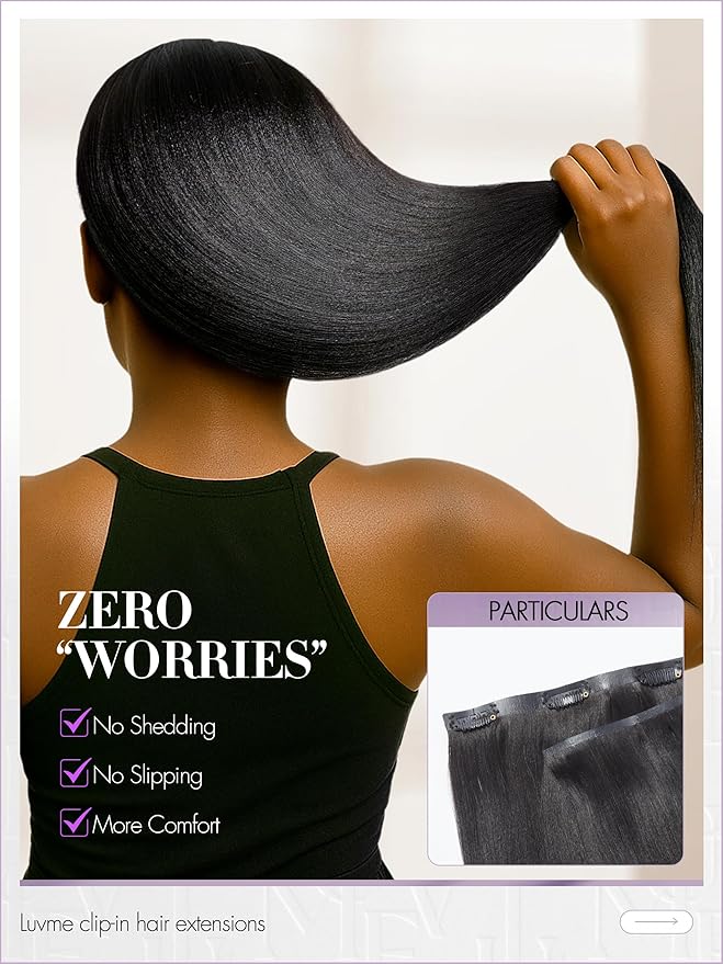 LUVME Yaki Straight Seamless 70g 4Pcs Clip in Hair Extensions Full Max with 22inch Remy Human Hair Clip ins Extensions, Natural Black 100% Real Soft Hair