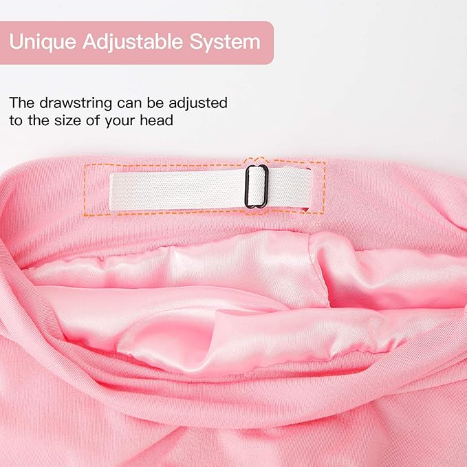Silk Satin Lined Bonnet Sleep Cap - Adjustable Stay on All Night Hair Wrap Cover Slouchy Beanie for Curly Hair Protection for Women and Men - Black & Pink