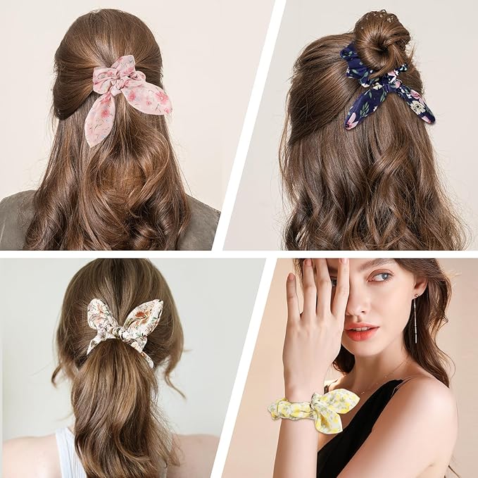5Pcs Hair Scrunchies for Women,Bunny Ear Scrunchies Hair Ties,Cute Ponytail holder for Thick Hair,Colorful Ponytai Holder,Chiffon Hair Band,Hair Accessories for Women Girls