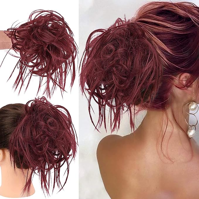HMD Tousled Updo Messy Bun Hairpiece - Synthetic Hair Extensions with Elastic Rubber Band - Scrunchies and Ponytail Hairpieces for Women