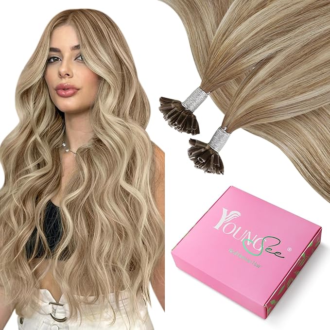 YoungSee Human Hair U Tip Hair Extensions Ombre Utip Remy Hair Extension Balayage Light Brown Ombre Blonde U Tips Human Hair Extensions Straight U Tip Keratin Hair Extension for Short Hair 50s/50g