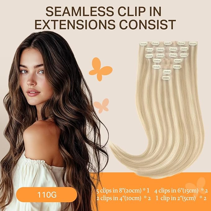 DOORES Seamless Clip in Hair Extensions, Dark Blonde Highlighted Bleach Blonde 110g 20 Inch 7pcs, Straight Remy Hair Extensions with Invisi Edge