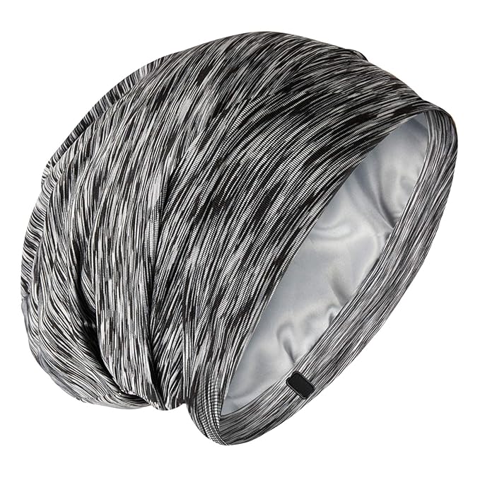 Silky Satin Lined Bonnet Sleep Cap - Adjustable Stay on All Night Hair Wrap Cover Slouchy Beanie for Curly Hair Protection for Women and Men - Heather Black