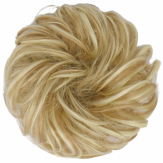 FESHFEN Messy Bun Hair Piece - Elastic Wavy Curly Hair Bun Scrunchies Extensions Synthetic Chignon Hairpieces for Women Girls, Light Ash Brown & Bleach Blonde 1.5 oz