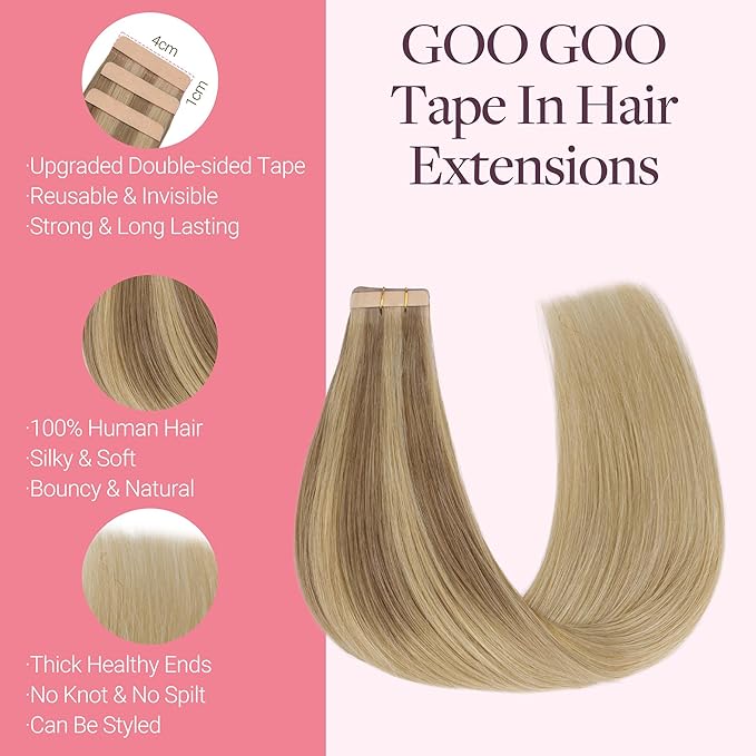 GOO GOO Tape in Hair Extensions Human Hair, #(T12A/18H) P18H Ash Beige Blonde Blend, 22inch 50g 20pcs, Skin Weft Seamless Invisible, Silky Straight with Thick Ends, Remy Human Hair
