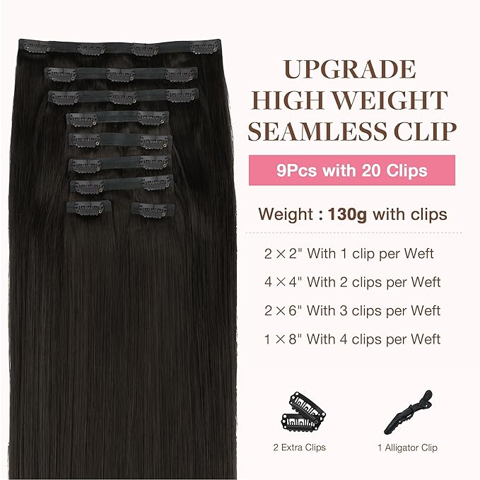 GOO GOO Clip in Hair Extensions Real Human Hair, Remy Human Hair Extensions Clip ins for Women, Natural Human Hair, 22inch 200g 9Pcs, #2 Dark Brown