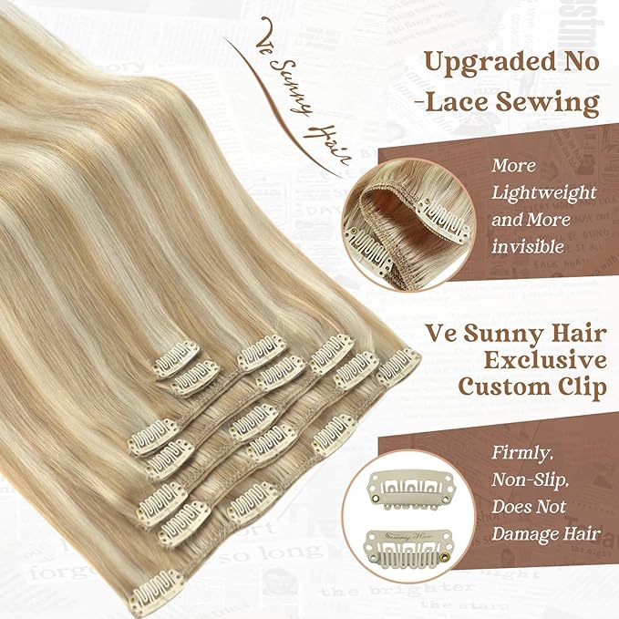 Ve Sunny Human Hair Clip in Extensions Blonde Clip in Hair Extensions Human Hair Highlight Blonde Hair Extensions Real Human Hair Clip ins Thick End 18inch 7pcs 120g