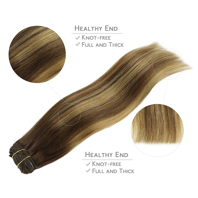 WENNALIFE Clip in Hair Extensions, 150g 16 Inch 9pcs Balayage Chocolate Brown to Caramel Blonde Remy Hair Thicker Double Weft Extensiones De Cabello Humano Con Clip Ins Straight Full Volume