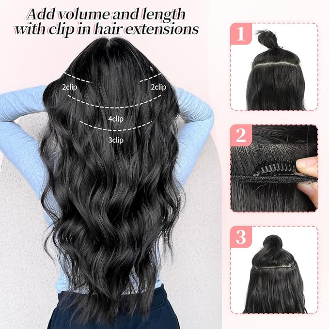 KooKaStyle Clip in Synthetic Hair Extensions Long Wavy 4PCS Thick Hairpieces Silver Grey Blonde Fiber Double Weft Natural Hair Extensions 20 Inch for Women