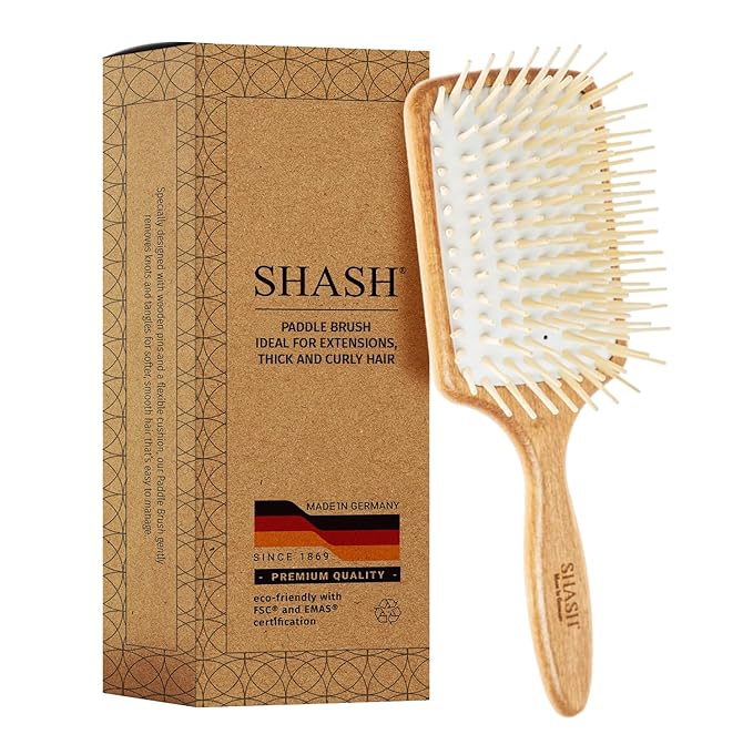 Made in Germany - SHASH Paddle Hair Brush for Hair Extensions, Thick And Curly Hair - Detangler With Long Pins & Rubber Cushion - Helps Detangle Knots, Eliminate Frizz, Reduce Pulling & Snagging