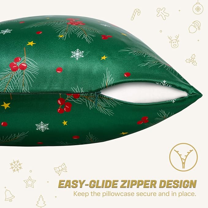 THXSILK Christmas Style 6A+ Grade Mulberry Silk Pillowcase for Hair and Skin, 22 Momme 100% Pure Silk Pillow Case with Hidden Zipper, Christmas Holly Printed Pillow Cover(King Size 20"x36", Green)