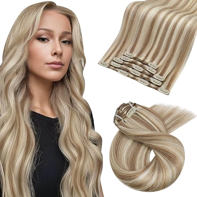 Moresoo Blonde Highlight Clip in Hair Extensions Light Brown with Blonde Highlights Clip in Extensions Real Human Hair Double Weft for Party 80g/5pcs 18 inch