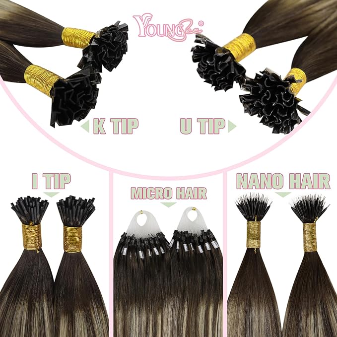 YoungSee K Tip Hair Extensions Human Hair Dark Brown Ombre Ash Blonde K Tip Hair Extensions Human Hair Ombre 22In 1G/S 50G