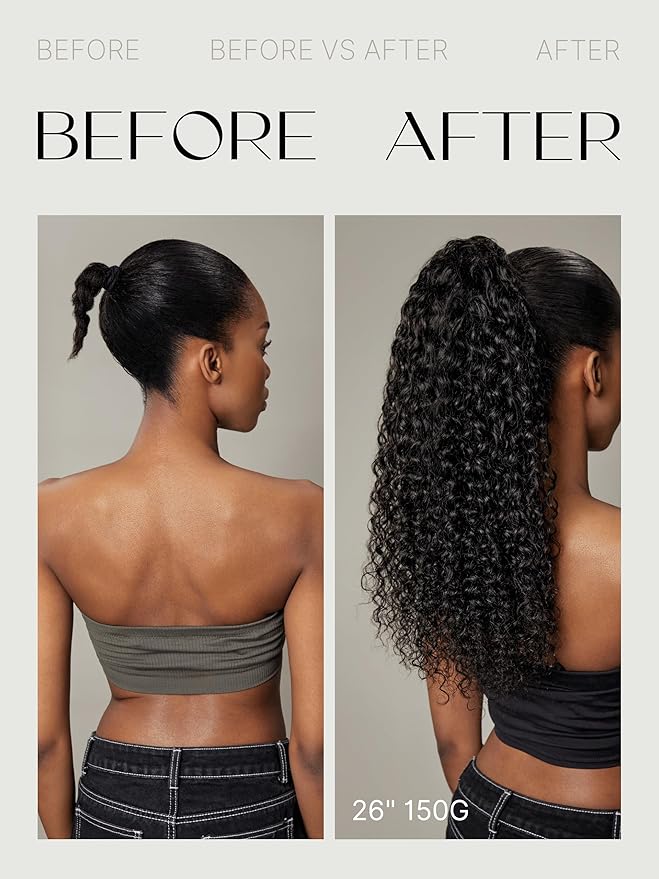 Frodio Clip in Ponytail Extension Human Hair for women 26 Inches Long Water Wave Curly Extension Ponytail Natural Color