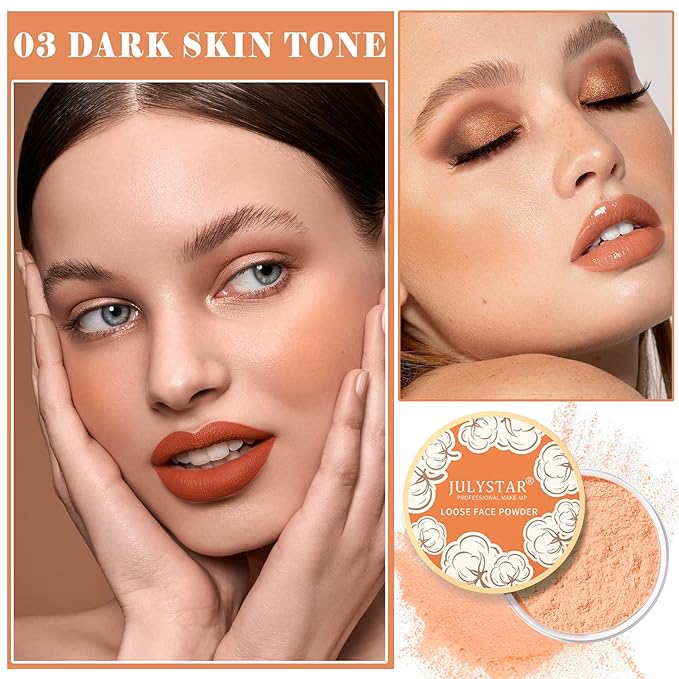 Setting Powder Loose Face Powder Matte Soft Smooth Oil Control Long Lasting Loose Setting Powder Makeup For Natural Flawless #03 Dark Skin Tone