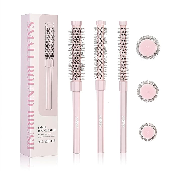 3pcs Small Round Hair Brush for Short Hair - Barrel Hair Brush for Blow Drying, Aluminum Round Brush for Bobs, Bangs, Lobs, Roots, Curling, Pixie Cuts, Straight Hair - Pink