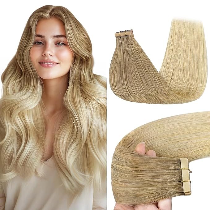 GOO GOO Tape in Hair Extensions Human Hair, O18G/22G Ombre Beige Blonde with Ash Highlights, 24inch 50g 20pcs, Skin Weft Seamless Invisible, Silky Straight with Thick Ends, Remy Human Hair