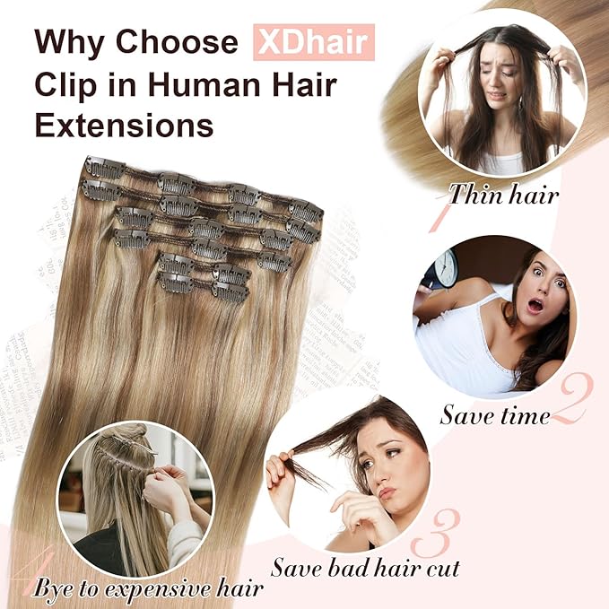 XDhair Human Hair Clip in Extensions 120g Balayage Color 10 Golden Brown to Light Blonde Highlight 27 Blonde Double Weft Clip in Hair Extensions #10/27/27 22 Inch