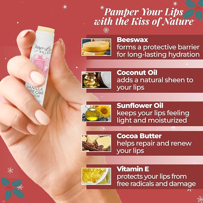 100% Natural Lip Balm Set - Beeswax Natural Christmas Gifts for Her - Ideal Gift for Women - Lip Moisturizer for Dry Lips, Cocoa Butter - Petroleum Free Pack of 8