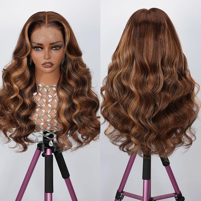 34 Inch Highlight Ombre Lace Front Wig 13x4 Full Frontal Lace Wig Skinlike HD Lace Wig Body Wave lace front Wigs for Women 15A Pre Plucked with Baby Hair 4/27 honey blonde 200% Density