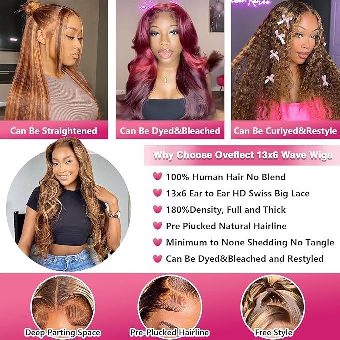 24 Inch 13x6 Lace Front Wigs Human Hair 200 Density P4/27 Highlight Ombre Body Wave HD Lace Front Wigs Human Hair Pre Plucked