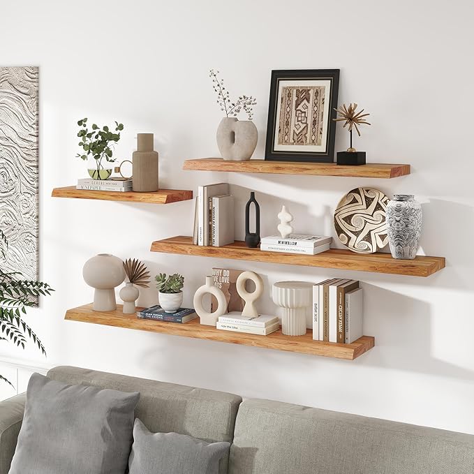 RICHFOCUS Live Edge Elm Floating Shelves - 36" W x 9.3" D Rustic Solid Wood Wall Shelves with Invisible Bracket, Wall-Mounted for Living Room, Bedroom, Kitchen Storage & Display, Set of 2, Natural