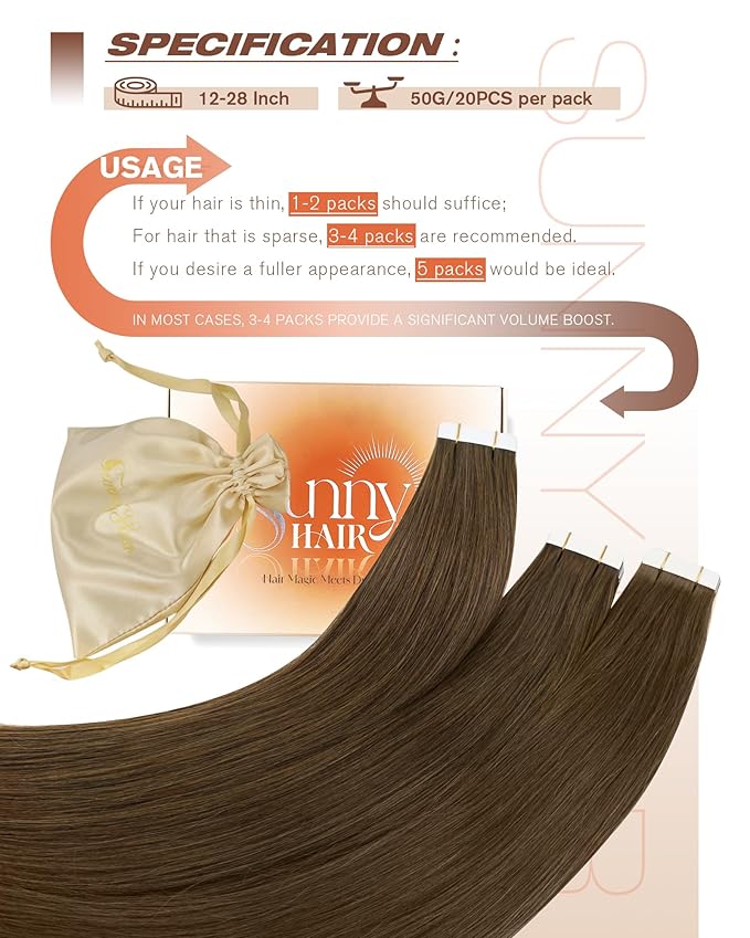 Sunny Hair Human Hair Tape in Extensions, Cool Brown Tape in Hair Extensions Human Hair 20 inch Straight Remy Tape in Human Hair Extensions 20Pcs 50g