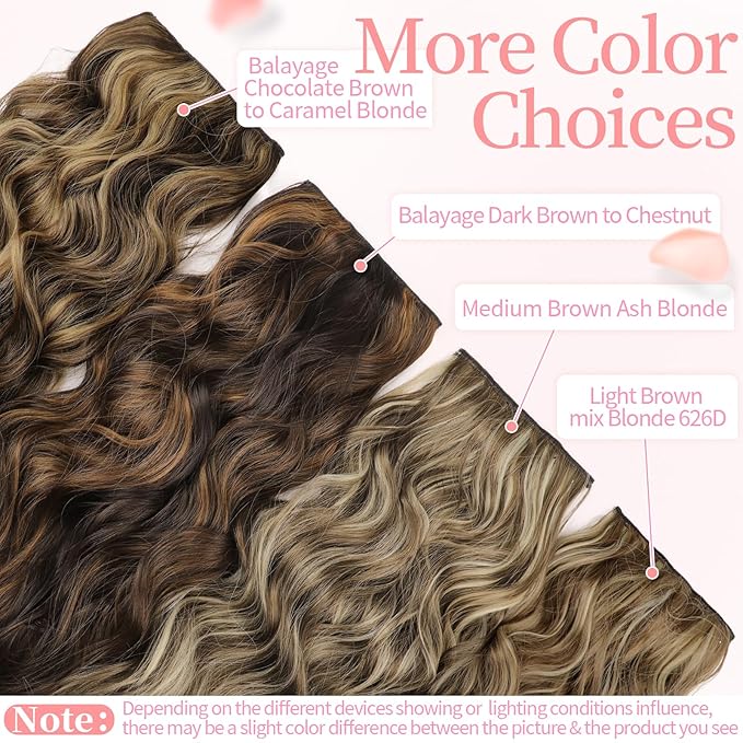 KooKaStyle Clip in Synthetic Highlight Hair Extensions Long Wavy 4PCS Thick Hairpieces Medium Brown Ash Blonde Fiber Double Weft Natural Hair Extensions 20 Inch for Women