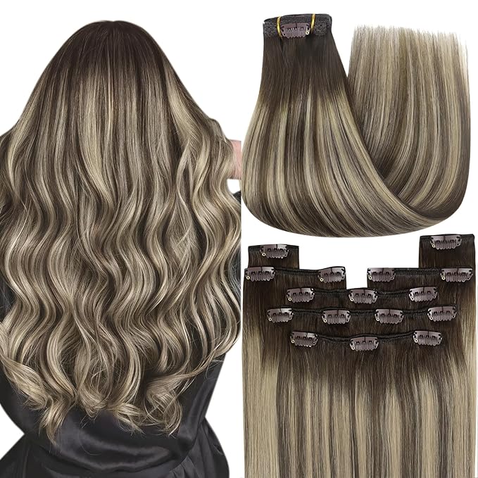 YoungSee Clip in Hair Extensions Real Human Hair Balayage Brown Clip in Real Hair Extensions Chocolate Brown with Ash Blonde Balayage Clip Extension Silky Straight for Women 18In 120G 7Pcs