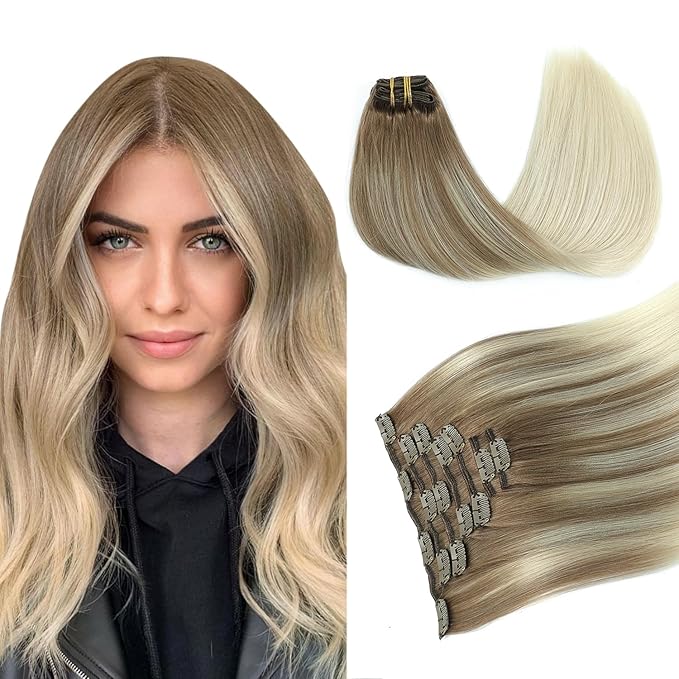 PINKPEARL Human Hair Clip in Hair Extensions 14inch #8T60 Ash Brown to Platinum Blonde Balayage Clip in Hair Extensions Real Human Hair 7pcs 120g Natural Remy Human Hair(#8T60-14)