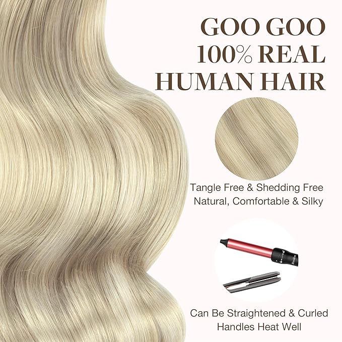 GOO GOO Tape in Hair Extensions Human Hair, 17A/60A Ash Blonde Highlighted Platinum Blonde, 20inch 100g 40pcs, Skin Weft Seamless Invisible, Silky Straight with Thick Ends, Remy Human Hair