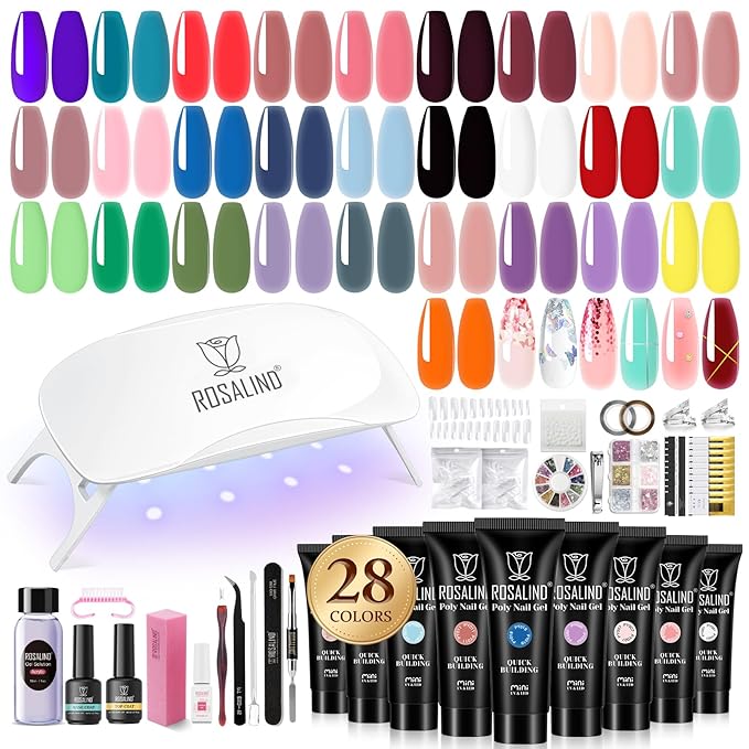 ROSALIND 28 Colors Poly Nail Gel Kit With Mini Lamp - Clear Neon Starter Kit for Beginners, Halloween, Spring, Summer With Everything
