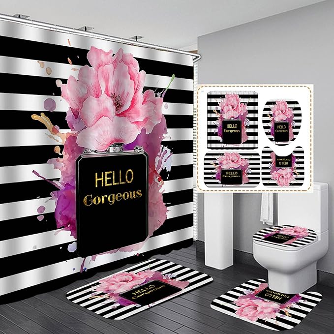 4PCS Gold Glitter Hello Gorgeous Shower Curtain Set, Watercolor Pink Floral Black and White Striped Perfume Makeup Modern Fashion Women Bathroom Decor, Non-Slip Bath Mat Toilet Rug, Hibiscus