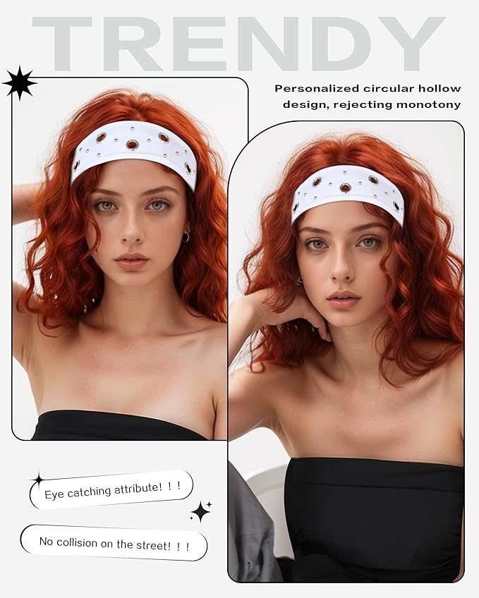 Grommet Headband for Women, White Round Studs 23cm Hollow Out Elastic Hair Band, Eyelets Punk Grunge Stylish Hairband