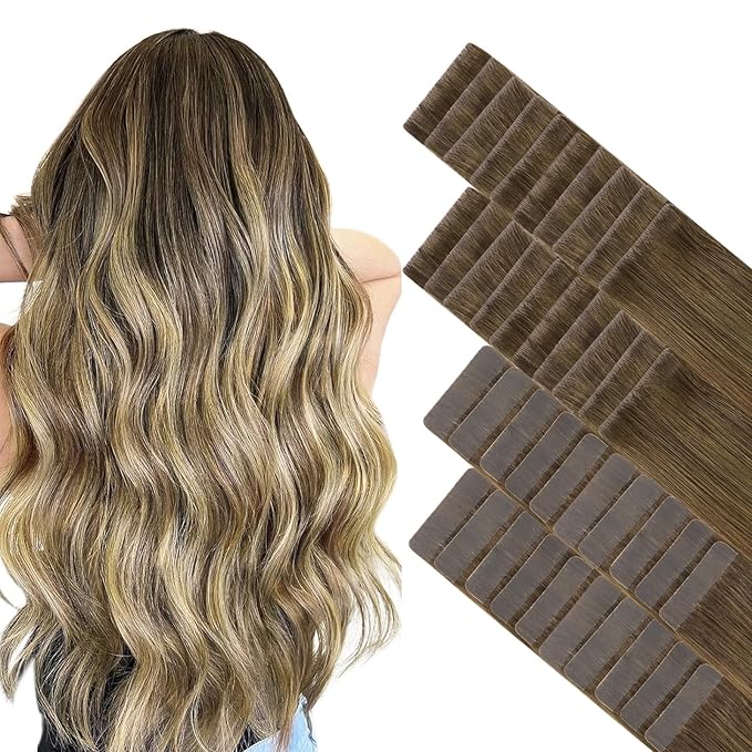 GOO GOO Invisi Edge Tape in Hair Extensions Human Hair, 3/8/613 Walnut Brown to Ash Brown and Bleach Blonde 20pcs injected with 20pcs classical tape ins, 14inch 100g, Virgin Remy Hair, Natural Look