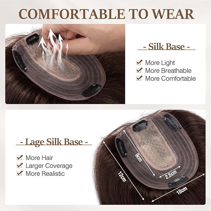 Rich Choices Hair Toppers for Women Real Human Hair 100% Human Remy Toppers NO Bangs for Women with Thinning on Top Clip in Hairpiece 4"x4.7"Lace Base 18 Inch #2 Dark Brown