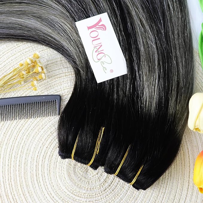 YoungSee Wire Hair Extensions Human Hair Black Balayage Human Hair Wire Extensions Black Ombre Silver Balayage Fish Line Extensions Long Straight Hair 20In 100G