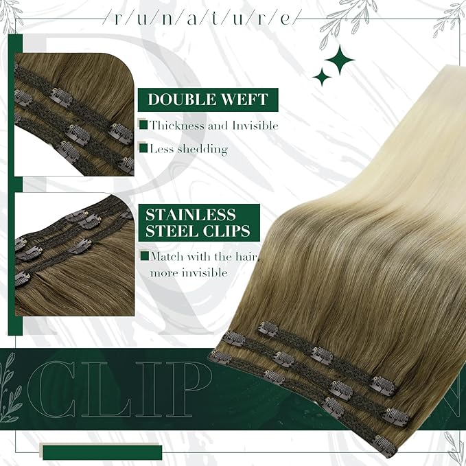 RUNATURE Balayage Clip in Hair Extensions Ombre Brown to Blonde 16 Inch 50g 3pcs Real Hair Extensions Clip in Human Hair for Thin Hair Double Weft Remy Natural Hair
