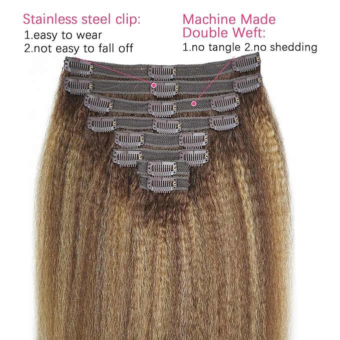 Kinky Straight Clip in Hair Extensions Real Human Highlight Clip ins For Women Unprocessed Clip on Hair Extensions(18inch,#4/27/4)