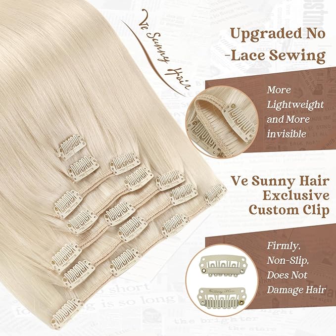 Ve Sunny Blonde Clip in Hair Extensions Human Hair Clip in Extensions Platinum Blonde Real Human Hair Extensions Clip ins Long Straight Hair Easy to Wear 7pcs 120g 20inch