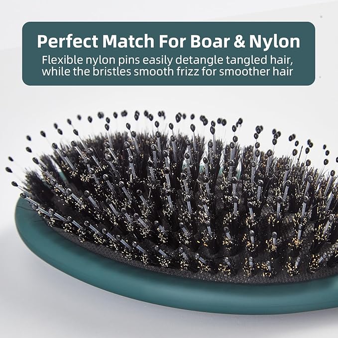 Boar Bristles Hair Brush for Women and Men, Detangling Hair Brush for Smoothing Massage Add Shine, Nylon&Boar Bristles Detangler brush for Hair Healthy (1 Pack-Green)