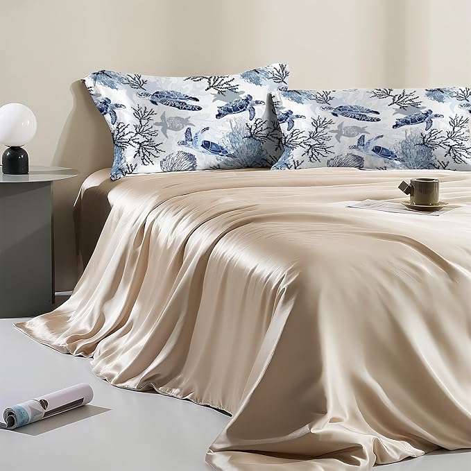Satin Pillowcase 1 Pack-Nautical Turtle and Corals Silky Pillow Cover for Hair and Skin,Standard Size 20x26 Inch Soft Cooling Printed Pillow Cases with Hidden Zipper,Gifts for Women Men