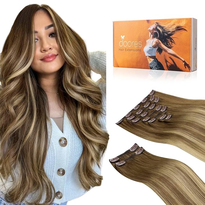 DOORES Real Human Hair Extensions - Medium Brown Highlighted Dirty Blonde, 18 Inch, 150g, 9pcs, Remy Clip in Natural Hair