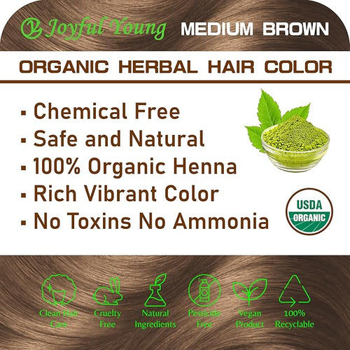 100% Organic Henna Hair Color – Natural, Chemical-Free Hair Dye for Rich, Vibrant Color & Gloss – Grey Coverage, Safe for All Hair Types, Vegan Non-Toxic, Herbal Hair Treatment (MEDIUM BROWN)