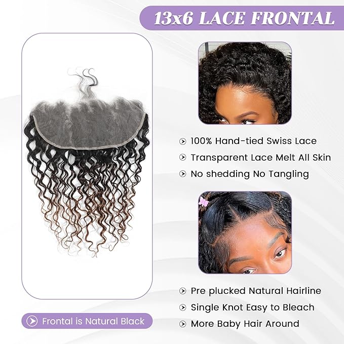 T1B/2/30 Ombre 13x6 Water Wave Lace Frontal 100% Real Human Hair 20 Inch Chestnut Brown Ombre Water Wave Transparent Lace Frontal