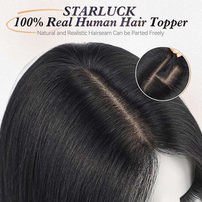 starluck Human Hair Toppers for Women Real Human Hair No Bangs 4 * 5.5 inch Base 12 inch SilkHug Topper for Women with Thinning Hair Cover Grey Roots(Natural Black)