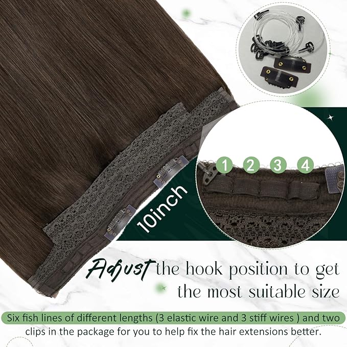 RUNATURE Invisible Wire Hair Extensions Real Human Hair 18 Inch, Wire Hair Extensions Brown One Piece 80g，Soft Silky Hair for Daily Wearing #2 Dark Brown