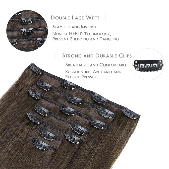 WENNALIFE Clip in Hair Extensions Real Human Hair, 14 Inch 120g 7pcs Human Hair Extensions Clip In Human Hair, Cool Dark Brown Clip In Real Hair Coloured Remy Human