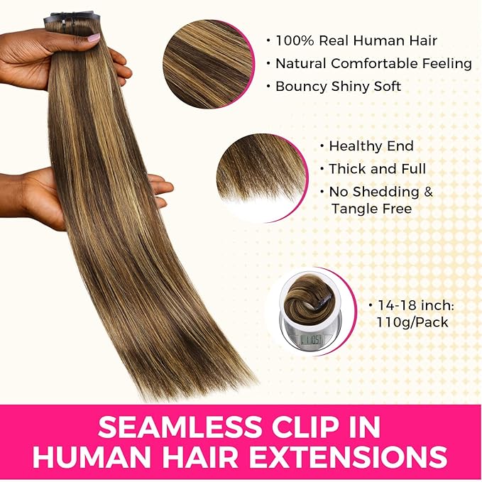 Lashey Seamless Clip in Hair Extensions Human Hair, 18 Inch 110g 7pcs Straight Balayage Chocolate Brown to Honey Blonde with Brown Root Highlight Clip in Hair Extensions for Women
